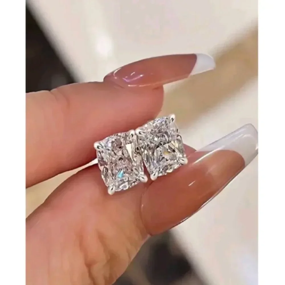 6 ctw Cushion Cut Rectangle Simulated Diamond Earrings with White Gold Studs